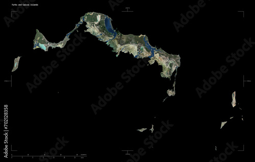 Turks and Caicos Islands shape isolated on black. Low-res satellite map