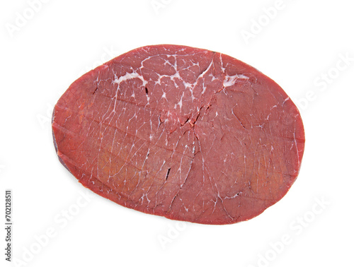 Slice of tasty bresaola isolated on white, top view