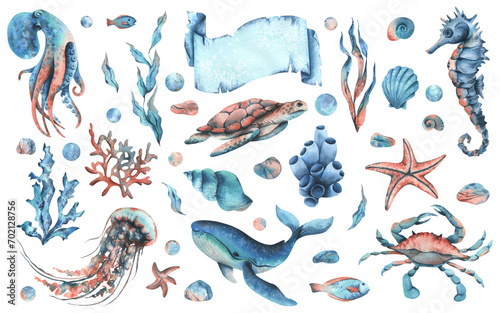 Underwater world clipart with sea animals whale, turtle, octopus, seahorse, starfish, shells, coral and algae. Hand drawn watercolor illustration. Big set objects on a isolated background.