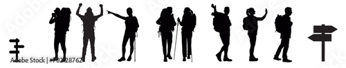Hiker in mountain silhouettes, Hiking silhouette, Backpacker silhouettes, Hiker in mountain vector, Adventure silhouette, Mountaineer climber hiker vector illustration.