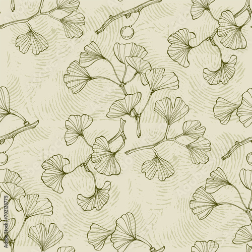 Ginkgo Biloba Plant Seamless Pattern. Ayurvedic Medicine Theme. Japanese Tree. Nature leaves outline design for various textiles and the design of medical cosmetics. Vector illustration
