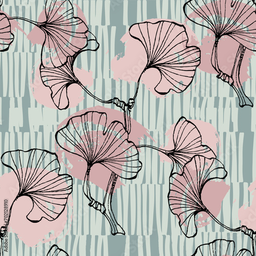 Ginkgo Biloba Plant Seamless Pattern. Ayurvedic Medicine Theme. Japanese Tree. Nature leaves outline design for various textiles and the design of medical cosmetics. Vector illustration