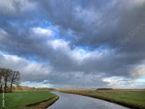 Lakeweidenweg Havelte. Drenthe Netherlands. Panorama. Bridge. Canal. Oude Vaart. Winter. Clouds.