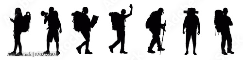 Hiker in mountain silhouettes, Hiking silhouette, Backpacker silhouettes, Hiker in mountain vector, Adventure silhouette, Mountaineer climber hiker vector illustration.