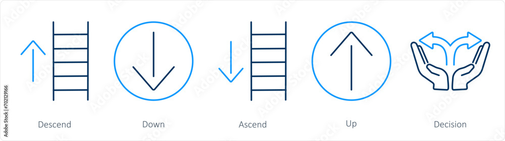 A set of 5 Direction icons as descend, down, ascend A set of 5 Direction icons as descend, down, ascend