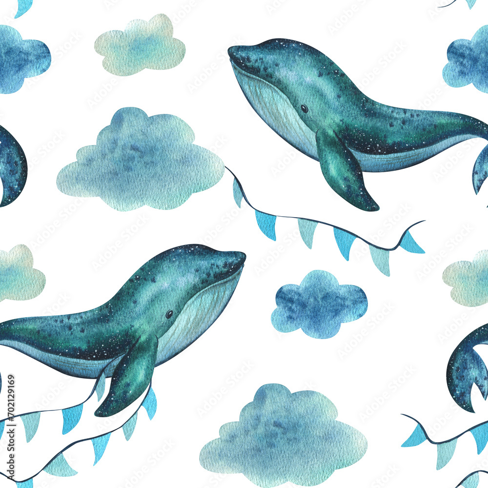 A baby whale swims on the sea and flies in the sky with garlands of flags among the clouds and raindrops. Hand drawn children's watercolor illustration. Seamless pattern on a white background.