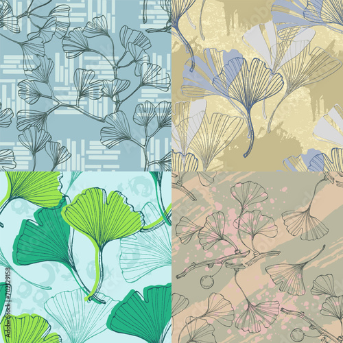 Ginkgo Biloba Plant Seamless Pattern. Ayurvedic Medicine Theme. Japanese Tree. Nature leaves outline design for various textiles and the design of medical cosmetics. Vector illustration