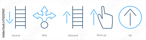 A set of 5 Direction icons as ascend, way, descend
