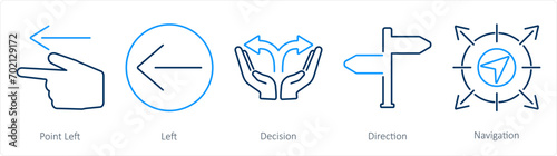 A set of 5 Direction icons as point left, left, decision