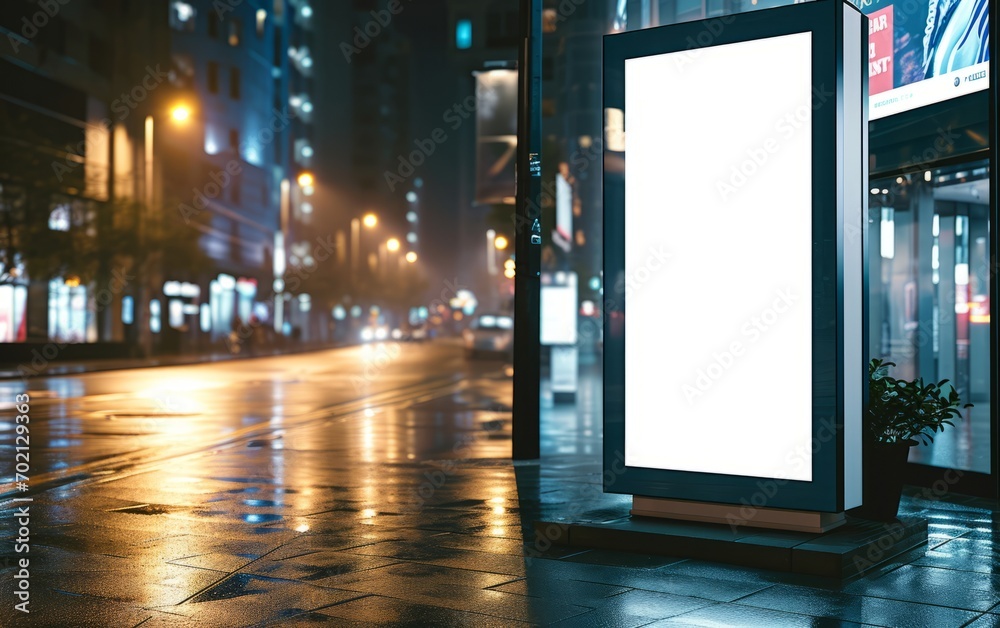 Envision a mockup scenario featuring a vertical advertising stand positioned on the street. This blank white street billboard poster is designed as a lightbox stand mockup with an urban city backgroun