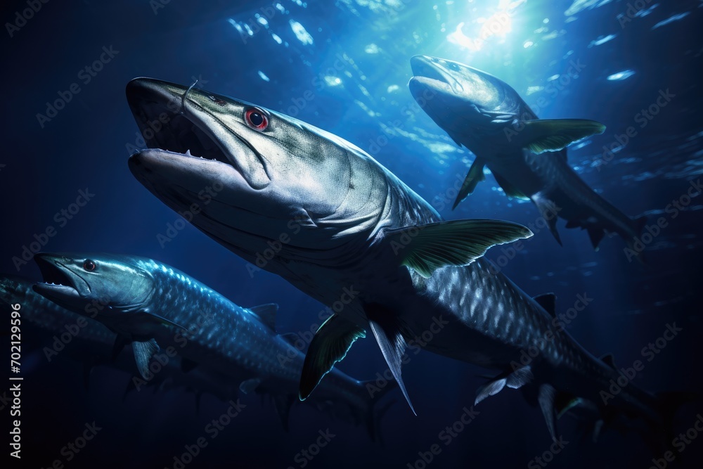 Obraz premium Barracuda Shadows: Close-up of barracudas with dramatic shadows cast.