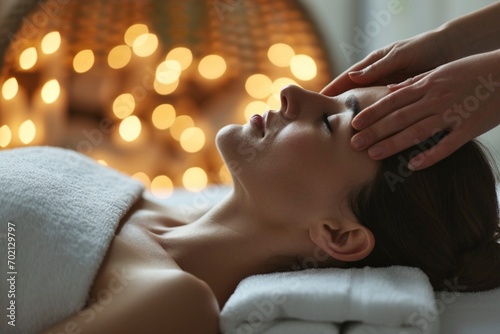 Primer plano de una mujer disfrutando de un masaje de cabeza en un ambiente de spa iluminado con luces suaves bokeh photo