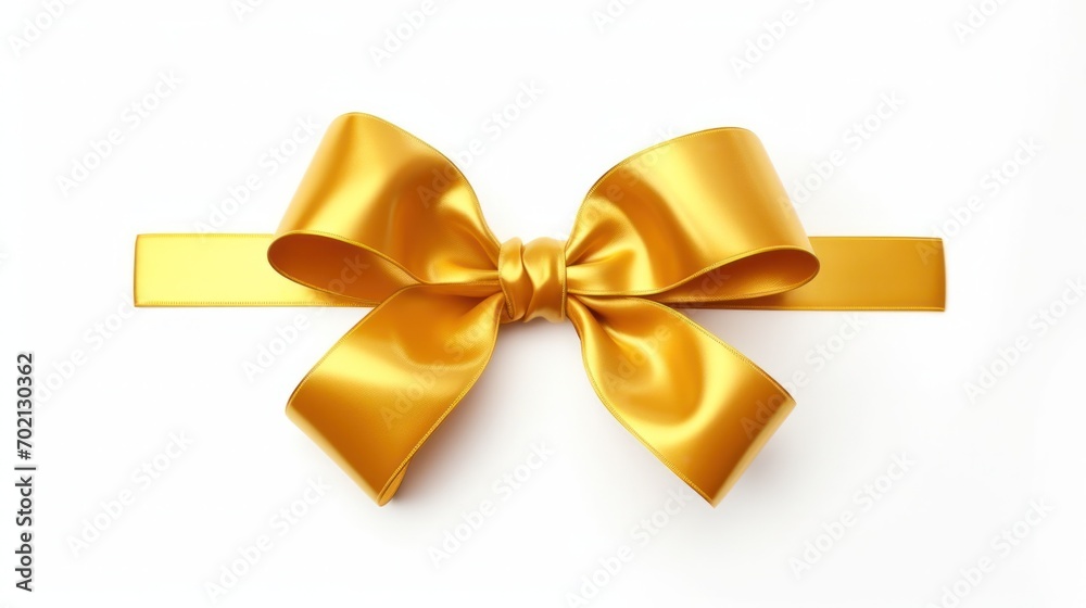 Golden silk ribbon bow on white background. Elegant gift decoration. Golden silk ribbon bow on white background. Elegant gift decoration.