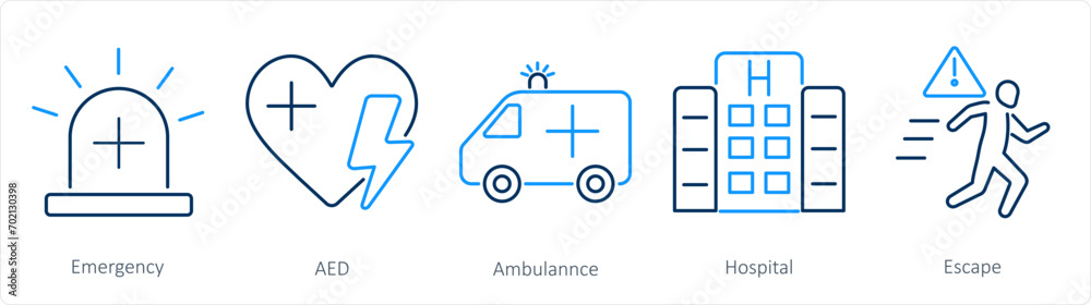 A set of 5 Emergency icons as emergency, aed, ambulance A set of 5 Emergency icons as emergency, aed, ambulance