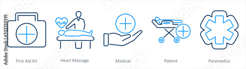 A set of 5 Emergency icons as first aid kit, heart massage, medical