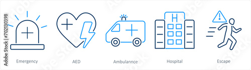 A set of 5 Emergency icons as emergency, aed, ambulance