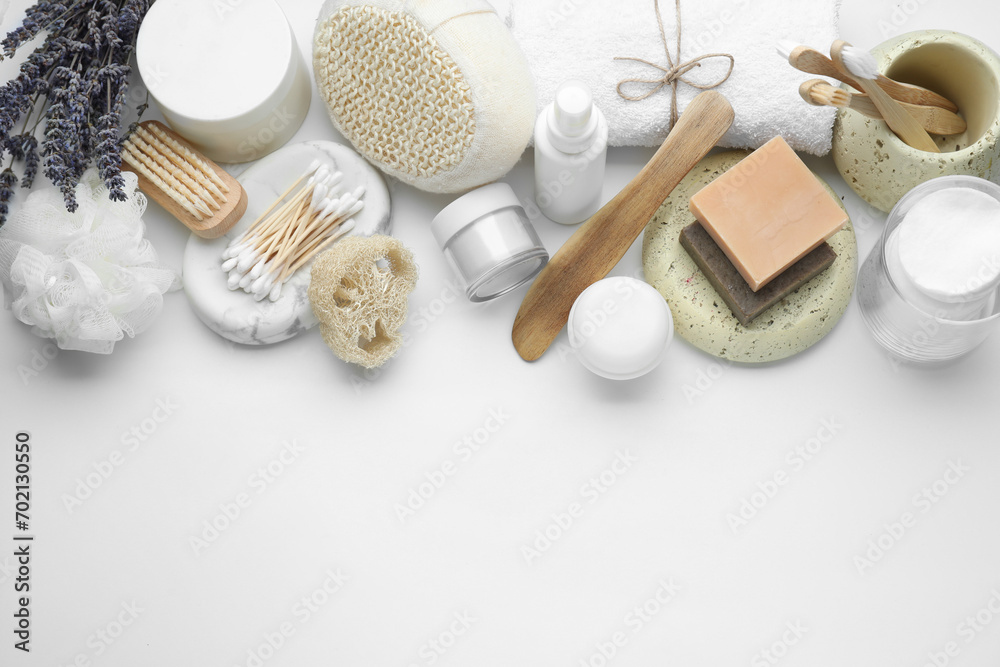 Bath accessories. Flat lay composition with personal care products on white background, space for text Bath accessories. Flat lay composition with personal care products on white background, space for text