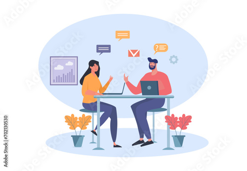 Job interview. Vector flat modern illustration of a man talking to a young woman with laptop. Isolated on background, illustration