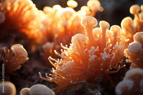 Golden Hour Corals: Close-up of coral polyps during the golden hour.