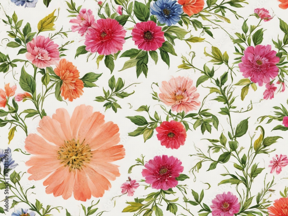Seamless pink Flower Leaf Pattern Floral Summer fabric print Wallpaper off white Background Design. Decorative Spring Textile Illustration. Retro Vintage Decoration Art.Nature Abstract Texture Graphic