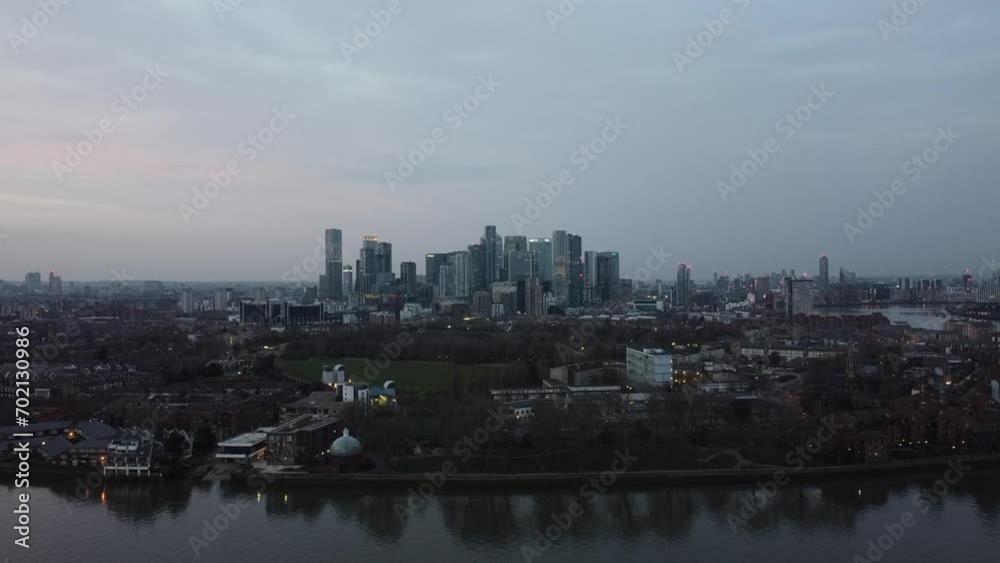 Canary Wharf Drone Video At Sunset - Aerial 4K Footage Canary Wharf Drone Video At Sunset - Aerial 4K Footage