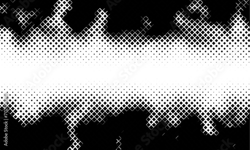 Halftone pixelated gradient background. Faded square particles texture. Dissolving grunge noise wallpaper. Horizontal halftone vector backdrop