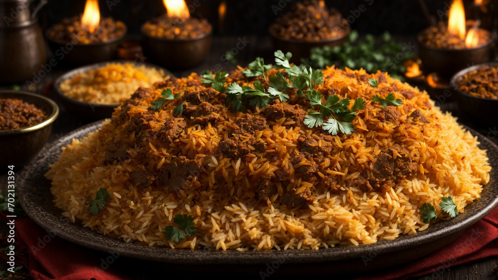 Showcase the vibrant and aromatic layers of Hyderabadi Biryani, highlighting the succulent pieces of meat, fragrant basmati rice Showcase the vibrant and aromatic layers of Hyderabadi Biryani, highlighting the succulent pieces of meat, fragrant basmati rice