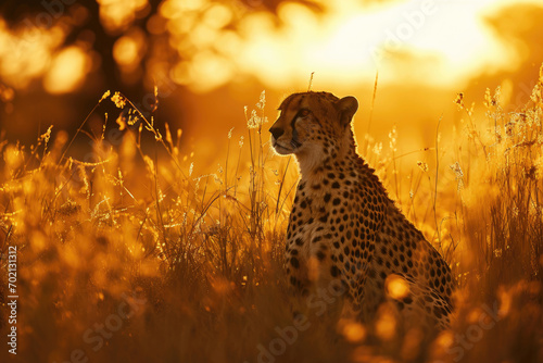 A cheetah in the golden glow of the sunset, its fur illuminated by the warm hues