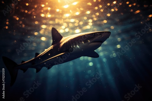 Shark Silhouette: Silhouette of a shark swimming in the distance.