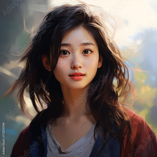 Portrait of an Asian girl in a semi-photorealistic style, looking hopefully towards the future