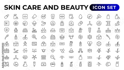 Skin care and beauty. Attributes of beauty for women.Skin care line icons set.