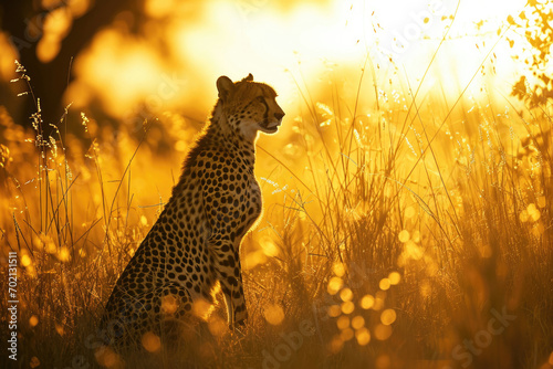 A cheetah in the golden glow of the sunset, its fur illuminated by the warm hues