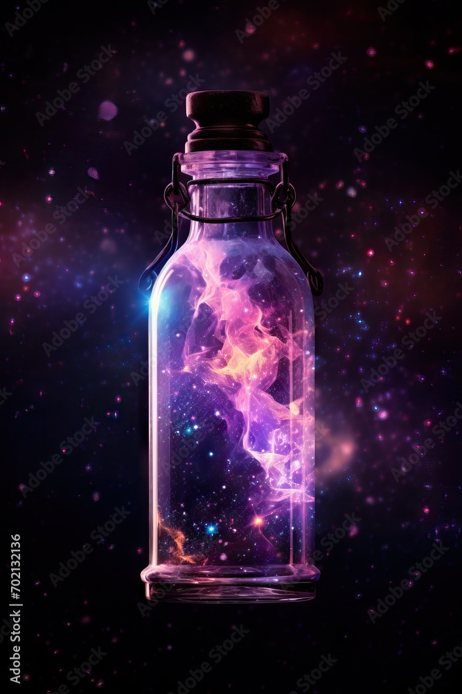Bottle of magic potion glowing in darkness with mystery night starry sky on background. Glass vial with galaxy elixir. Fantasy substance, witch's bottled drinks Bottle of magic potion glowing in darkness with mystery night starry sky on background. Glass vial with galaxy elixir. Fantasy substance, witch's bottled drinks
