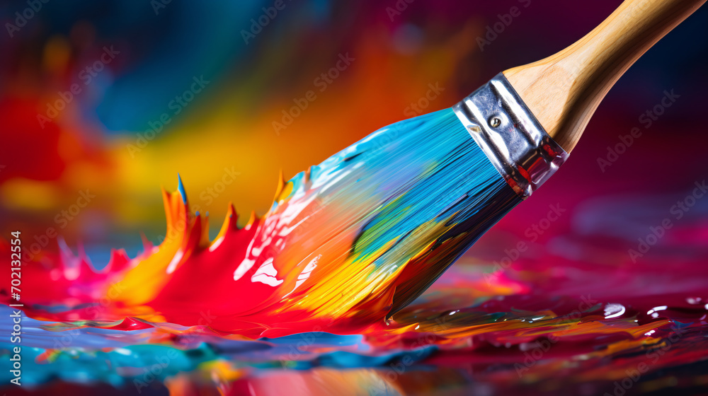 Fototapeta premium Paint brush painting an abstract multi colored paint stroke