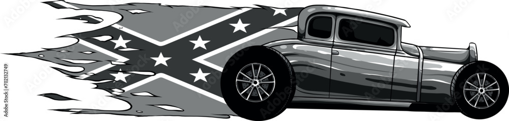 monochromatic Vintage Hot Rod car with confederate flag on white background