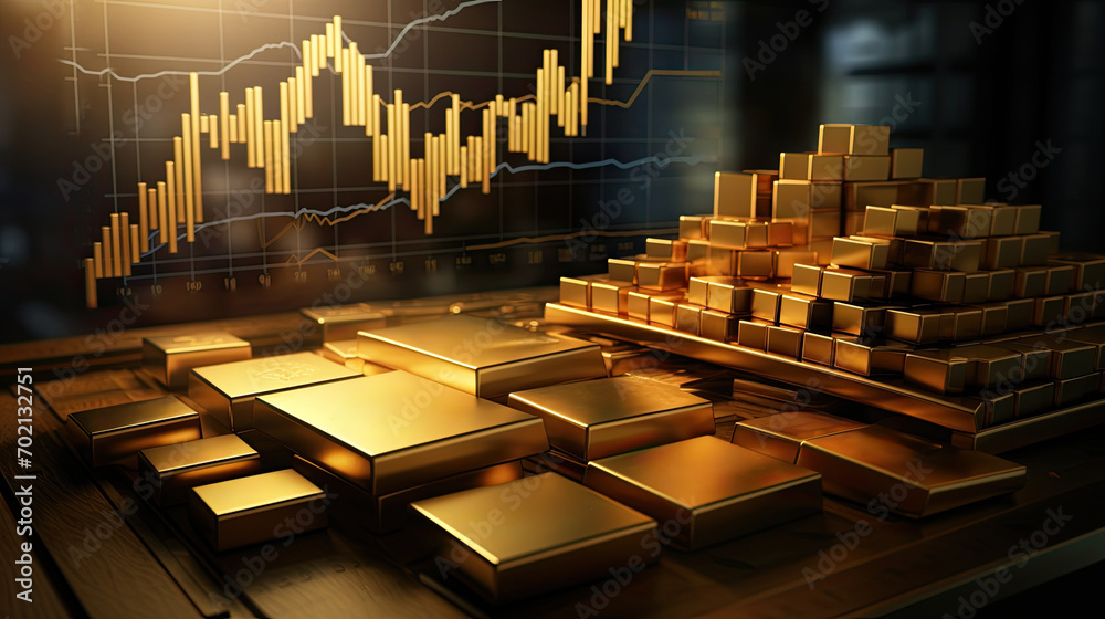 Golden bars chart against a city skyline backdrop, illustrating financial growth, generative AI Golden bars chart against a city skyline backdrop, illustrating financial growth, generative AI
