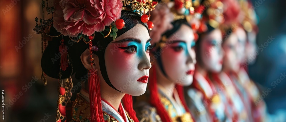 A Traditional Chinese Opera Performance With Colorful Costumes And Elaborate Makeup