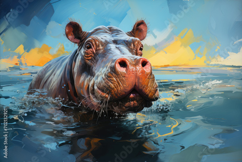 Bright and Colorful A Fauvism Style of a Hippopotamus, Generative Ai