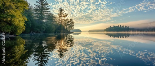 A Tranquil Lakeside Scene At Dawn With The Reflection Of Trees And The Phrase Morning Calm