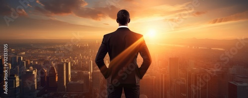 Businessman Assumes Superhero Persona Amidst Stunning Sunset photo