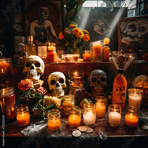 altar de dia de muertos, en celebracion tradicional mexicana