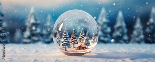 Winterthemed Christmas Ball With Tree Inside, On Glass Surface
