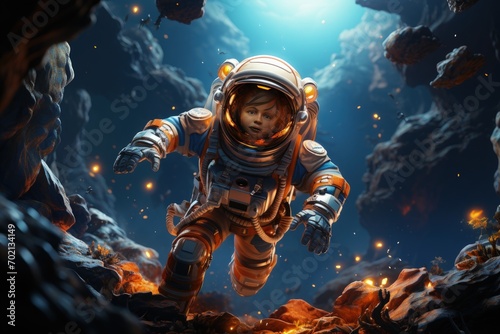 Photo of a kid in space suit floating in outer space darkness