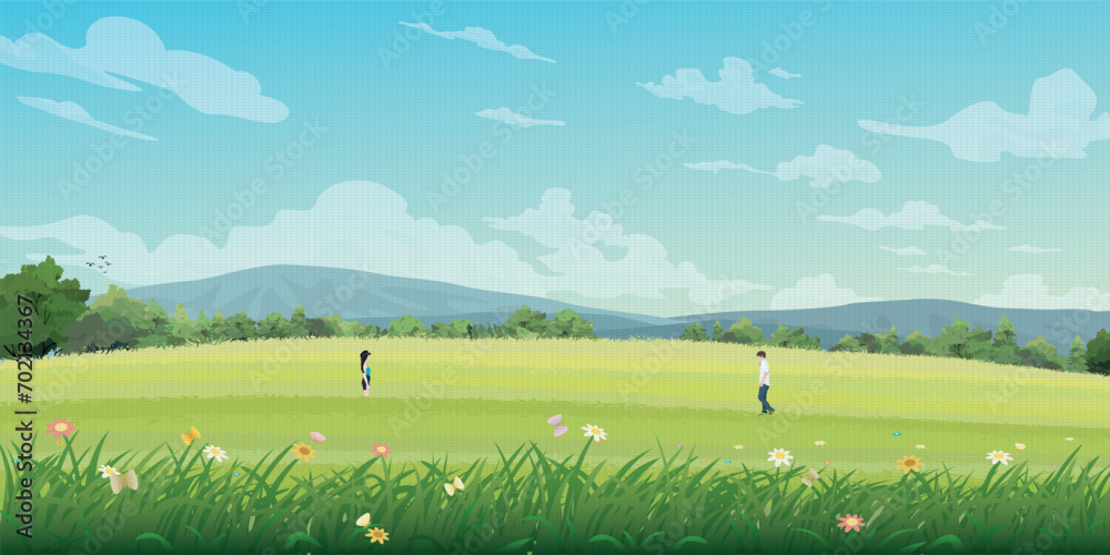Couple of lover meeting at meadow on the hill have mountain range and blue sky background vector illustration. Journey of sweetheart concept flat design have blank space. - obrazy, fototapety, plakaty 