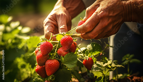 Recreation of farmer hands collecting strawberries