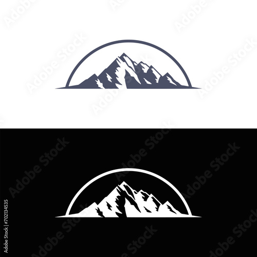 Monochrome illustrations with a mountains on a white background.
