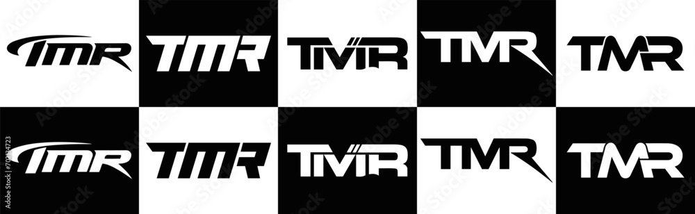 Obraz premium TMR logo. T M R design. White TMR letter. TMR, T M R letter logo design. T M R letter logo design in FIVE, FOUR, THREE, style. letter logo set in one artboard. T M R letter logo vector design. 
