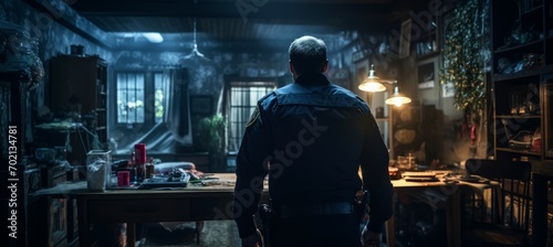Police detective officer arrive at crime scene. Generative AI technology.   © Hero Design