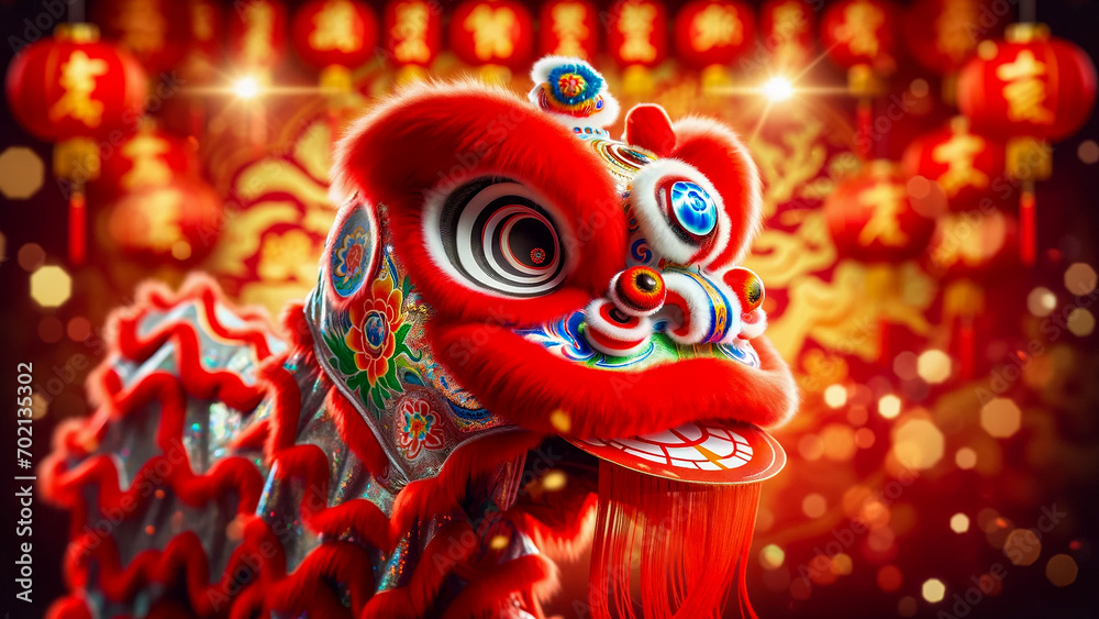 Performing a lion dance at the festival Chinese New Year background, AI Generate image