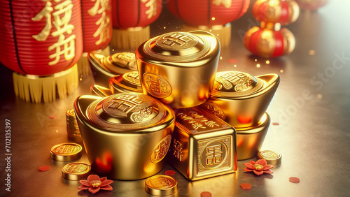 A lump of gold and silver to pay homage to the gods during the Chinese New Year festival, image of AI Generate